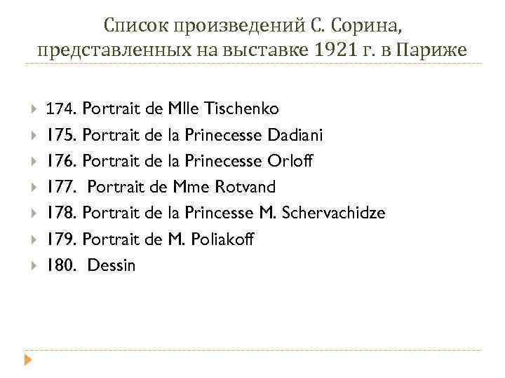 Список произведений С. Сорина, представленных на выставке 1921 г. в Париже 174. Portrait de