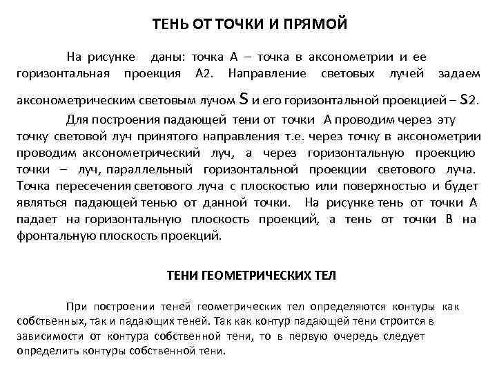 ТЕНЬ ОТ ТОЧКИ И ПРЯМОЙ На рисунке даны: точка А – точка в аксонометрии