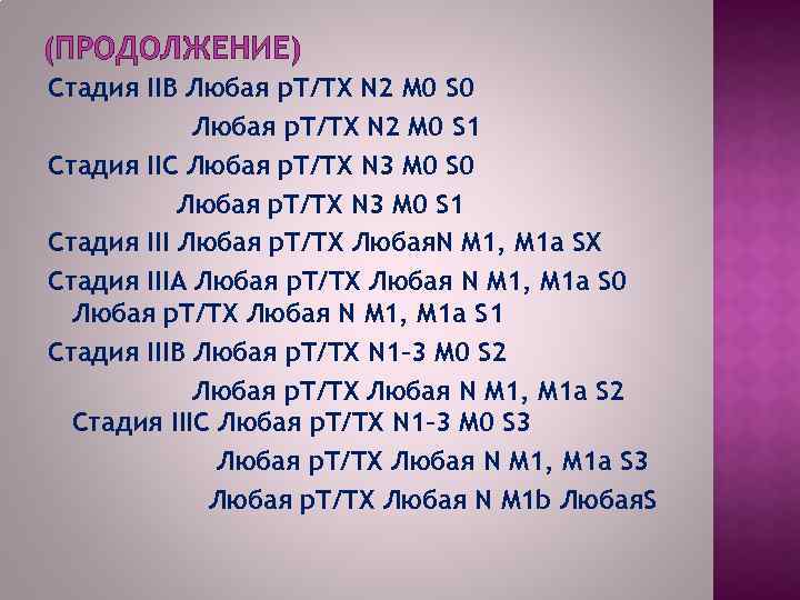 (ПРОДОЛЖЕНИЕ) Стадия IIВ Любая p. T/TX N 2 M 0 S 0 Любая p.