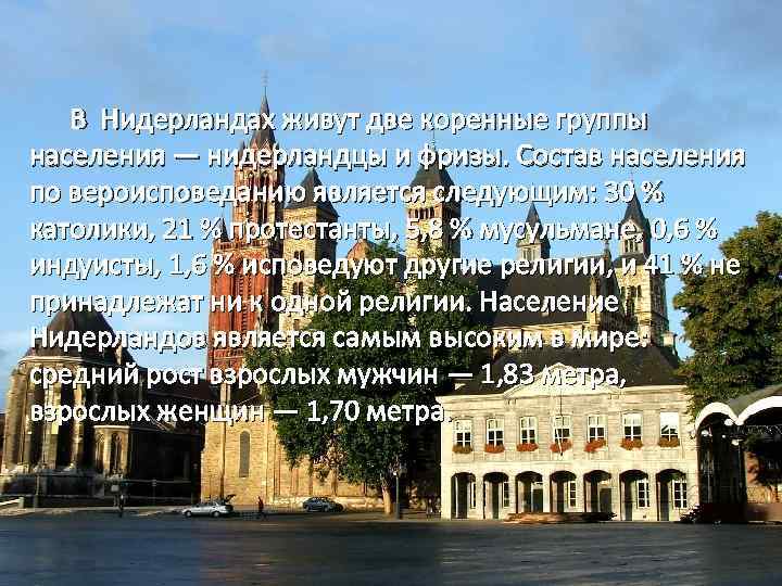  В Нидерландах живут две коренные группы населения — нидерландцы и фризы. Состав населения