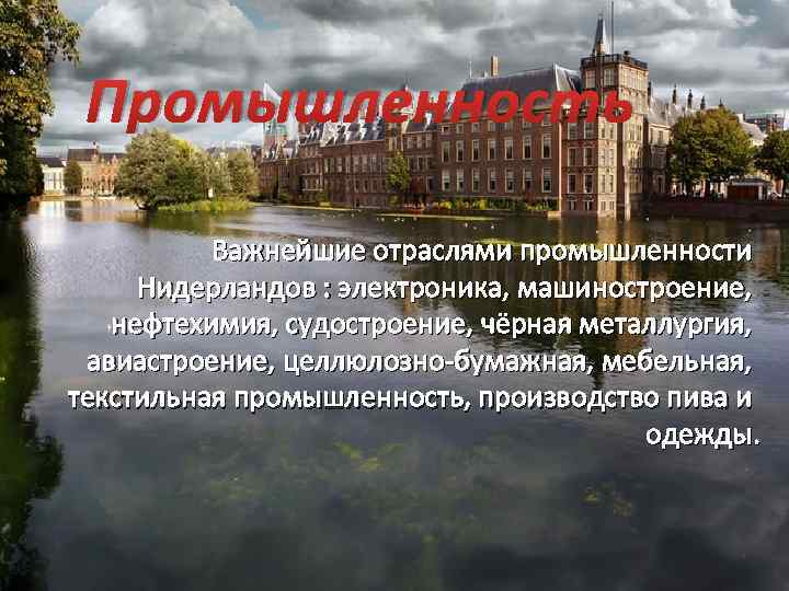 Промышленность Важнейшие отраслями промышленности Нидерландов : электроника, машиностроение, нефтехимия, судостроение, чёрная металлургия, авиастроение, целлюлозно-бумажная,