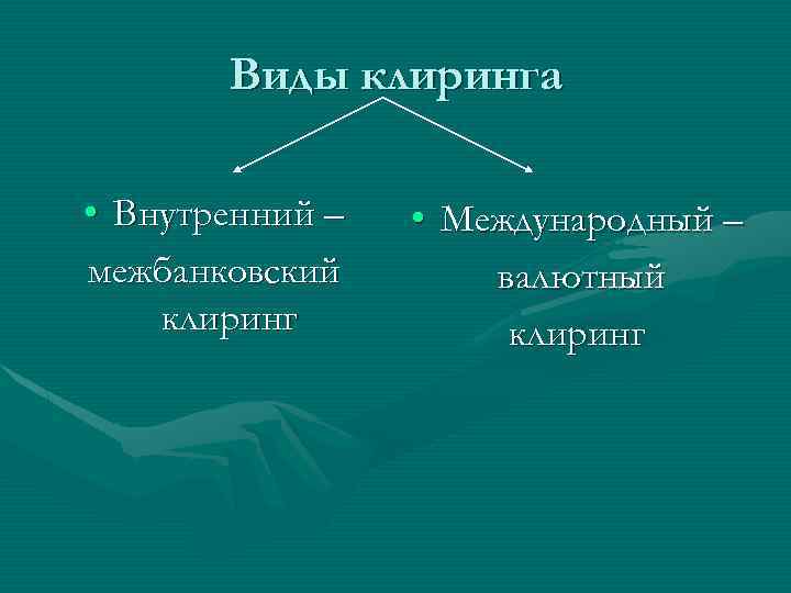 Виды клиринга • Внутренний – межбанковский клиринг • Международный – валютный клиринг 