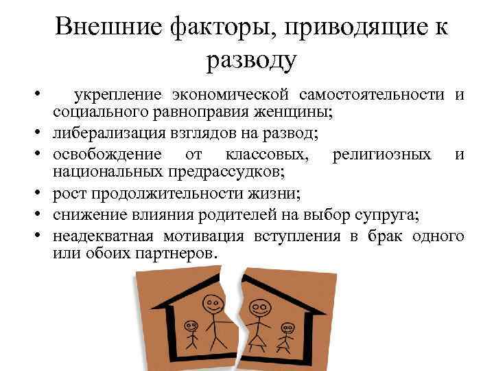 Внешние факторы, приводящие к разводу • • • укрепление экономической самостоятельности и социального равноправия