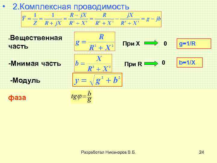  • 2. Комплексная проводимость -Вещественная часть При X 0 g=1/R -Мнимая часть При