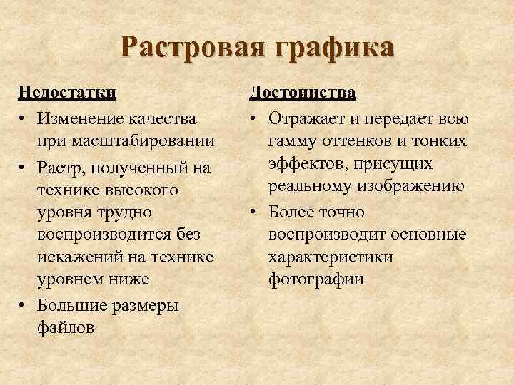 Растровая графика Недостатки • Изменение качества при масштабировании • Растр, полученный на технике высокого