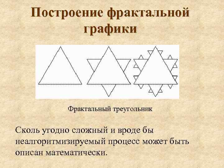 Построение фрактальной графики Фрактальный треугольник Сколь угодно сложный и вроде бы неалгоритмизируемый процесс может