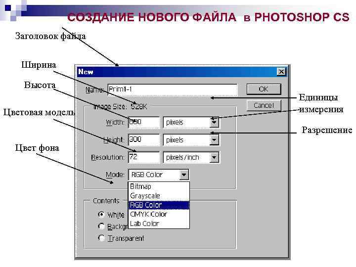 СОЗДАНИЕ НОВОГО ФАЙЛА в PHOTOSHOP CS Заголовок файла Ширина Высота Цветовая модель Единицы измерения
