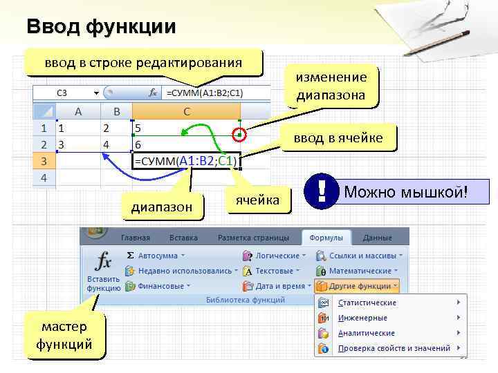 Ввод функции ввод в строке редактирования изменение диапазона ввод в ячейке диапазон мастер функций