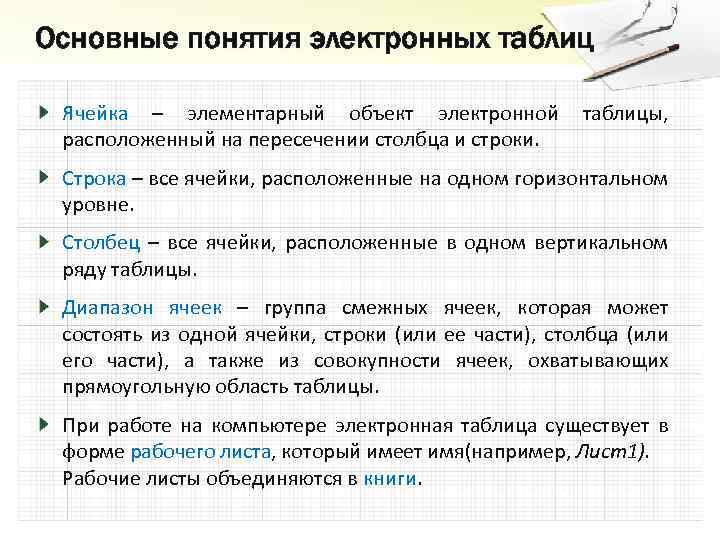 Основные понятия электронных таблиц Ячейка – элементарный объект электронной таблицы, расположенный на пересечении столбца