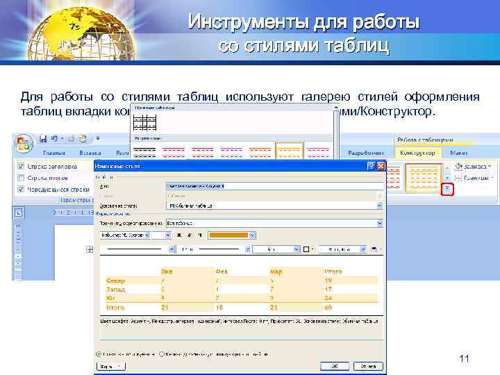 Инструменты для работы со стилями таблиц LOGO Для работы со стилями таблиц используют галерею