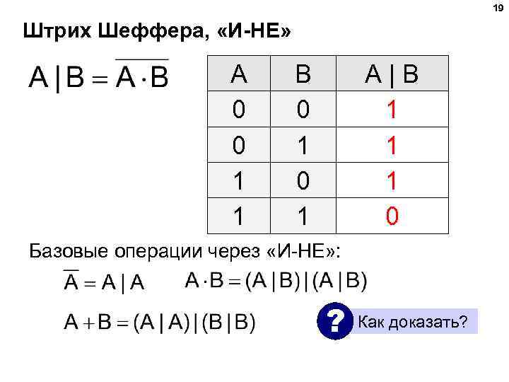 19 Штрих Шеффера, «И-НЕ» A 0 0 1 1 B 0 1 А|B 1