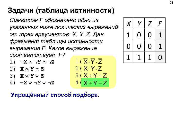 25 Задачи (таблица истинности) Символом F обозначено одно из указанных ниже логических выражений от