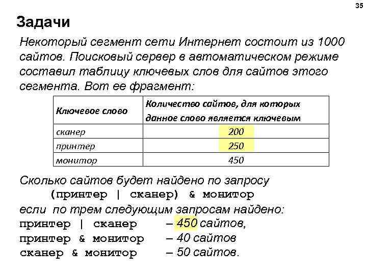 35 Задачи Некоторый сегмент сети Интернет состоит из 1000 сайтов. Поисковый сервер в автоматическом