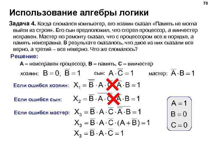 70 Использование алгебры логики Задача 4. Когда сломался компьютер, его хозяин сказал «Память не