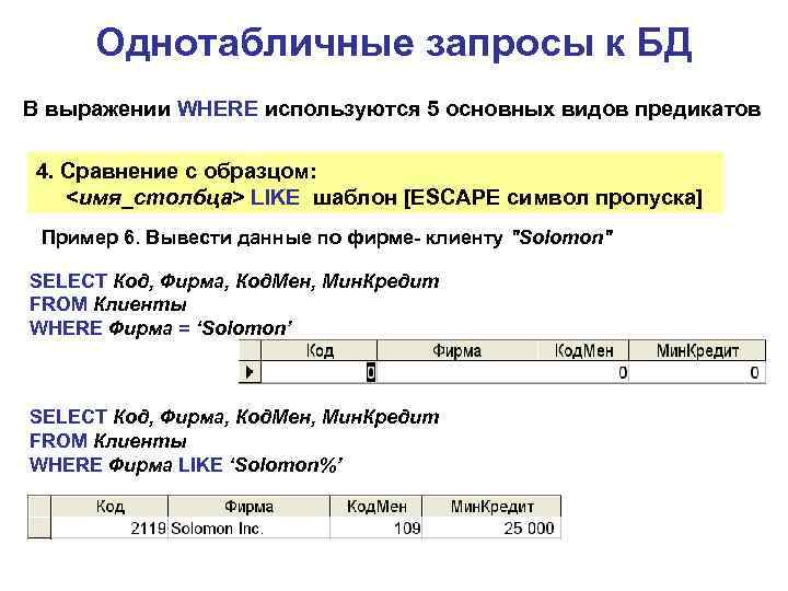 Однотабличные запросы к БД В выражении WHERE используются 5 основных видов предикатов 4. Сравнение
