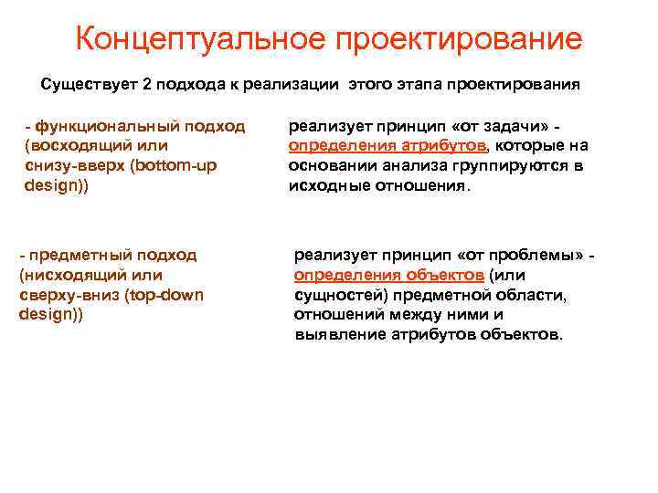 Концептуальное проектирование Существует 2 подхода к реализации этого этапа проектирования - функциональный подход (восходящий