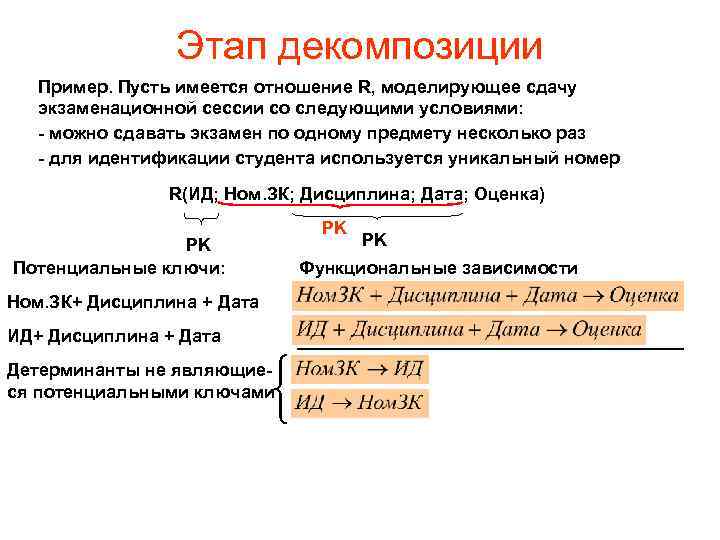 Этап декомпозиции Пример. Пусть имеется отношение R, моделирующее сдачу экзаменационной сессии со следующими условиями: