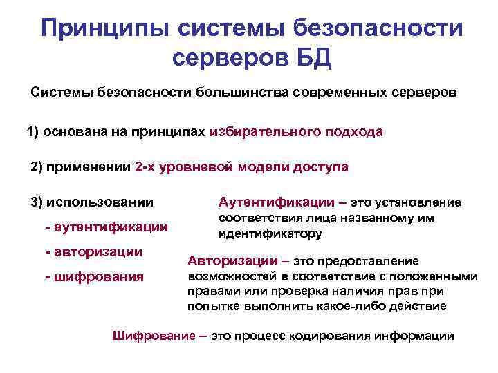 Принципы системы безопасности серверов БД Системы безопасности большинства современных серверов 1) основана на принципах