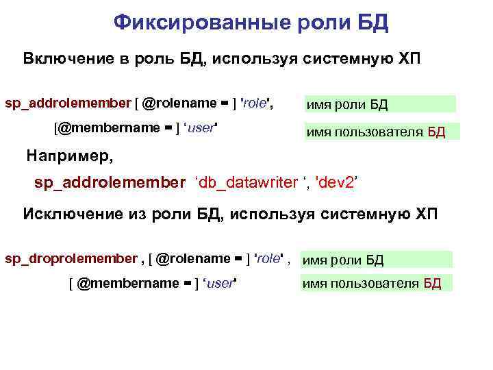 Фиксированные роли БД Включение в роль БД, используя системную ХП sp_addrolemember [ @rolename =