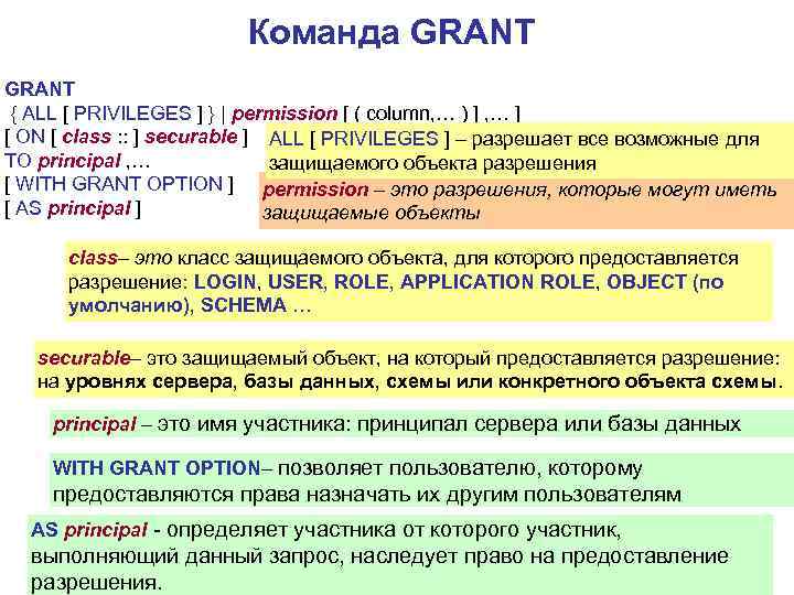 Команда GRANT { ALL [ PRIVILEGES ] } | permission [ ( column, …