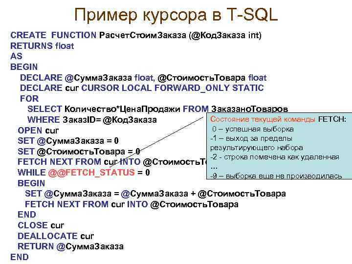 Пример курсора в Т-SQL CREATE FUNCTION Расчет. Стоим. Заказа (@Код. Заказа int) RETURNS float