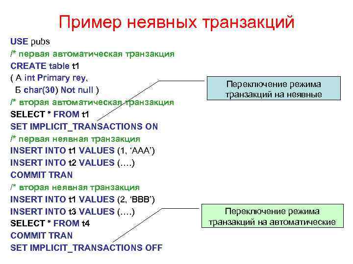 Пример неявных транзакций USE pubs /* первая автоматическая транзакция CREATE table t 1 (
