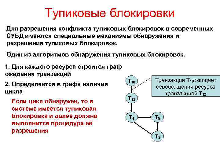Тупиковые блокировки Для разрешения конфликта тупиковых блокировок в современных СУБД имеются специальные механизмы обнаружения