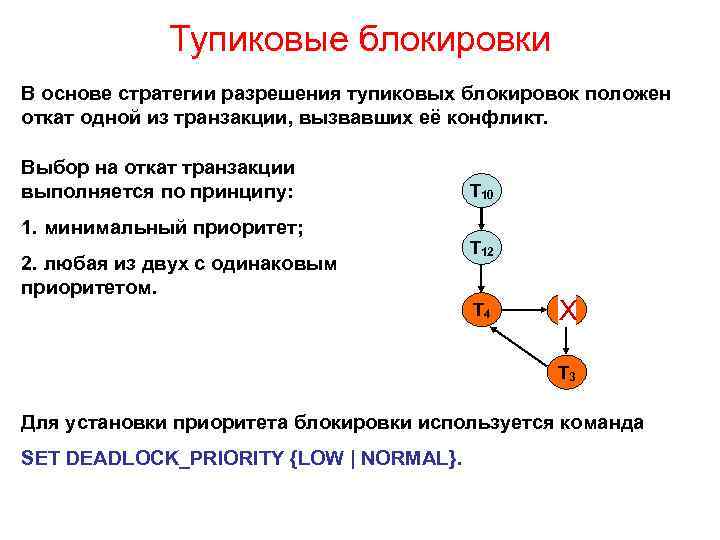 Тупиковые блокировки В основе стратегии разрешения тупиковых блокировок положен откат одной из транзакции, вызвавших