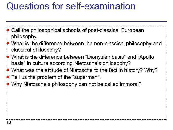 Questions for self-examination · Call the philosophical schools of post-classical European · · ·