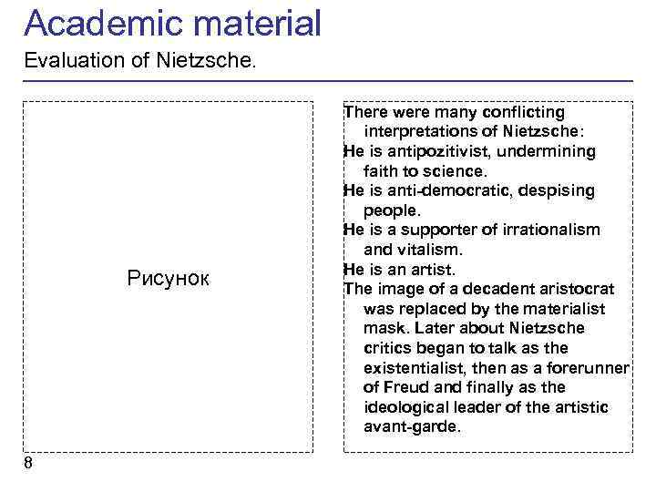 Academic material Evaluation of Nietzsche. Рисунок 8 There were many conflicting interpretations of Nietzsche: