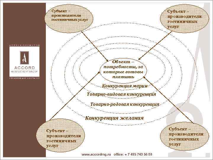 Субъект – производители гостиничных услуг Объект – потребности, за которые готовы платить Конкуренция марки