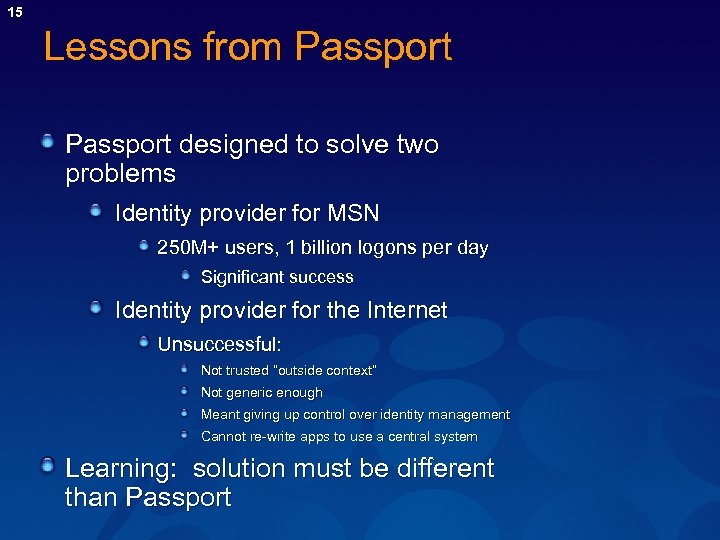 15 Lessons from Passport designed to solve two problems Identity provider for MSN 250
