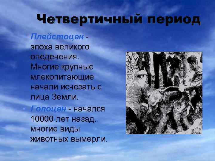 Четвертичный период • Плейстоцен эпоха великого оледенения. Многие крупные млекопитающие начали исчезать с лица