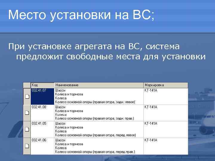 Место установки на ВС; При установке агрегата на ВС, система предложит свободные места для