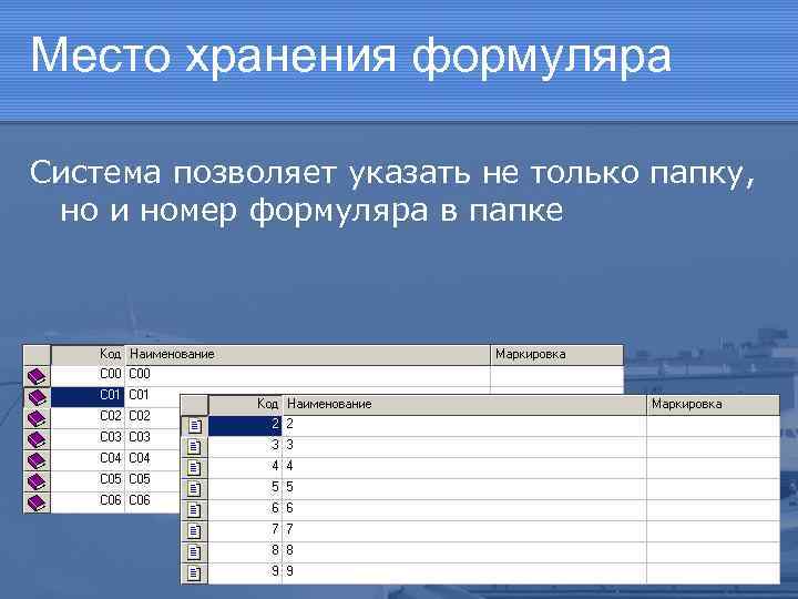 Место хранения формуляра Система позволяет указать не только папку, но и номер формуляра в