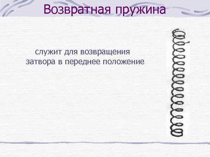 Возвратная пружина служит для возвращения затвора в переднее положение 