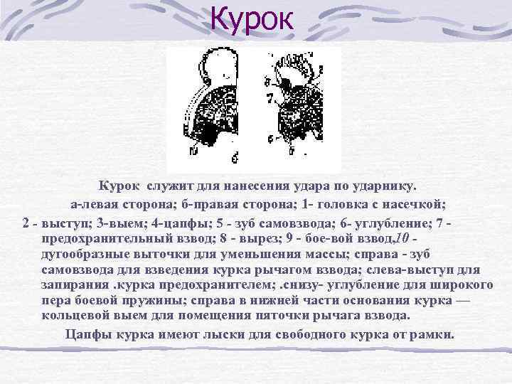 Курок служит для нанесения удара по ударнику. а левая сторона; б правая сторона; 1