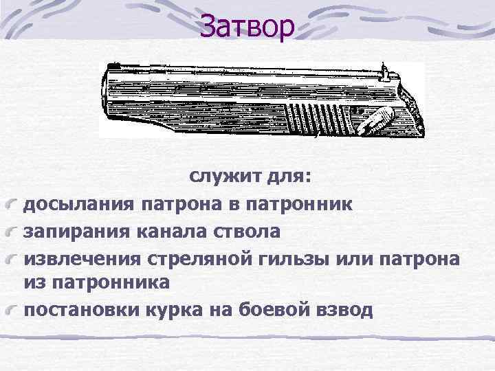 Затвор служит для: досылания патрона в патронник запирания канала ствола извлечения стреляной гильзы или