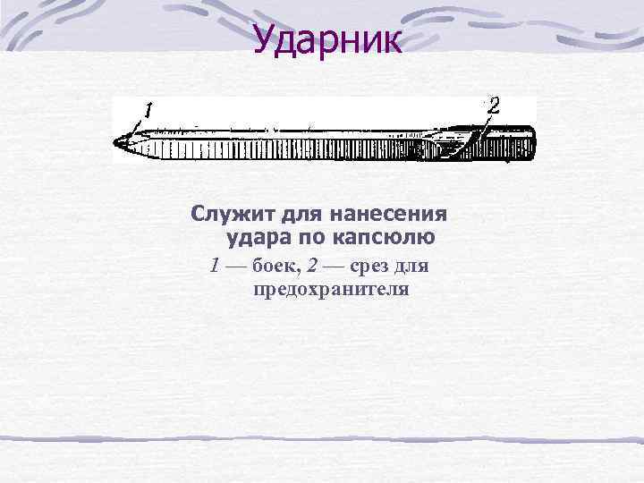 Ударник Служит для нанесения удара по капсюлю 1 — боек, 2 — срез для