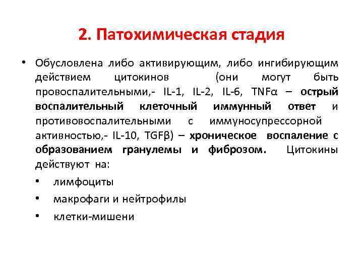 2. Патохимическая стадия • Обусловлена либо активирующим, либо ингибирующим действием цитокинов (они могут быть