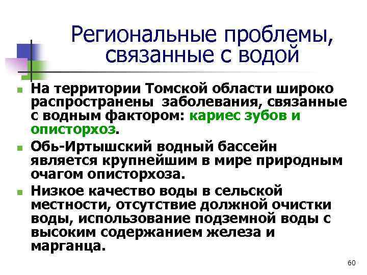 Региональные проблемы, связанные с водой n n n На территории Томской области широко распространены