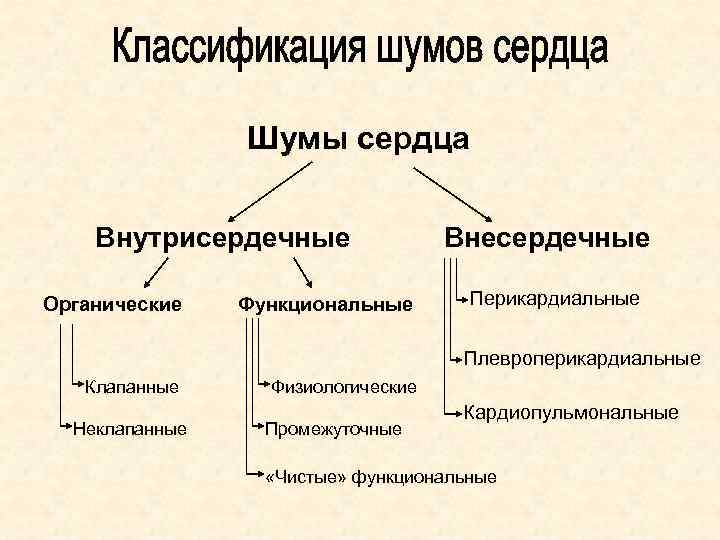 Шумы сердца Внутрисердечные Органические Функциональные Внесердечные Перикардиальные Плевроперикардиальные Клапанные Неклапанные Физиологические Промежуточные Кардиопульмональные «Чистые»