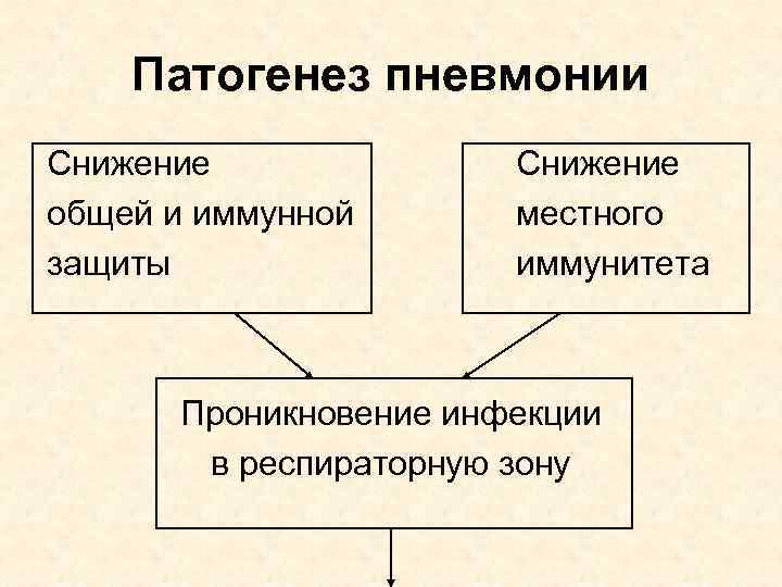Патогенез пневмонии Снижение общей и иммунной защиты Снижение местного иммунитета Проникновение инфекции в респираторную