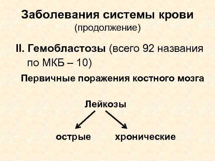 Заболевания системы крови (продолжение) II. Гемобластозы (всего 92 названия по МКБ – 10) Первичные