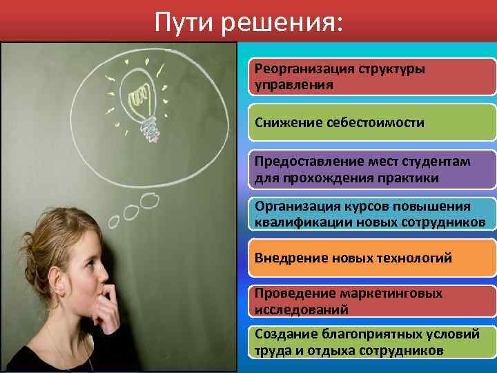 Пути решения: Реорганизация структуры управления Снижение себестоимости Предоставление мест студентам для прохождения практики Организация