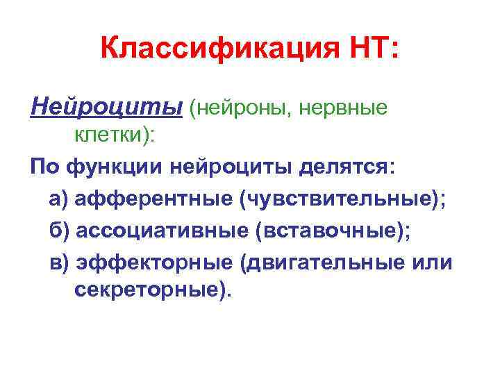 Классификация НТ: Нейроциты (нейроны, нервные клетки): По функции нейроциты делятся: а) афферентные (чувствительные); б)