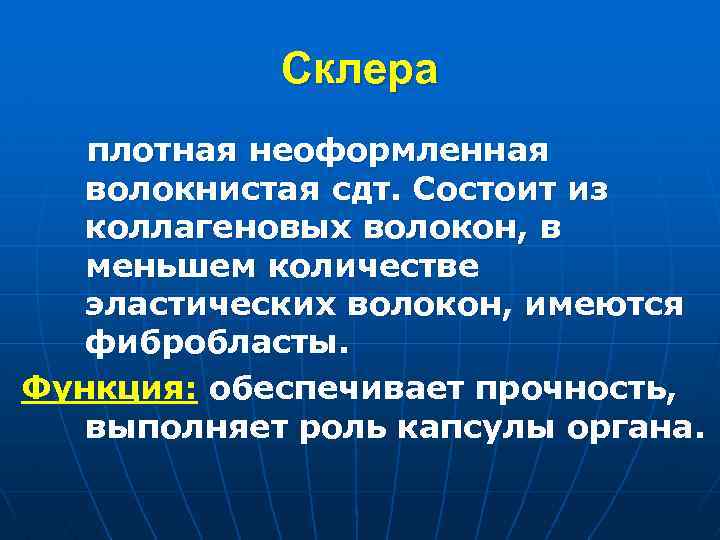 Склера плотная неоформленная волокнистая сдт. Состоит из коллагеновых волокон, в меньшем количестве эластических волокон,