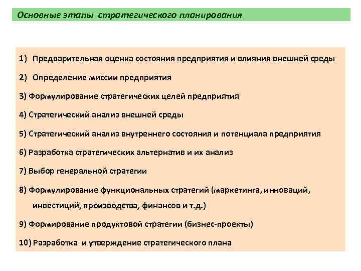 Основные этапы стратегического планирования 1) Предварительная оценка состояния предприятия и влияния внешней среды 2)