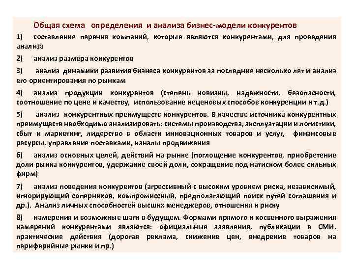 Общая схема определения и анализа бизнес-модели конкурентов 1) составление перечня компаний, которые являются конкурентами,