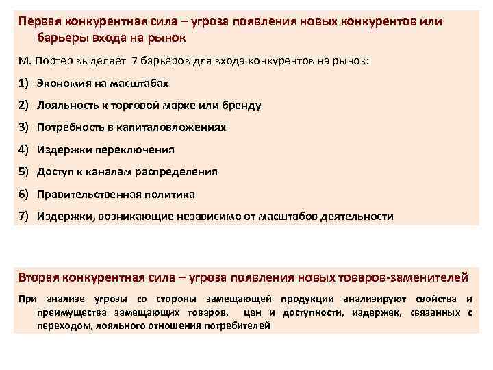 Первая конкурентная сила – угроза появления новых конкурентов или барьеры входа на рынок М.